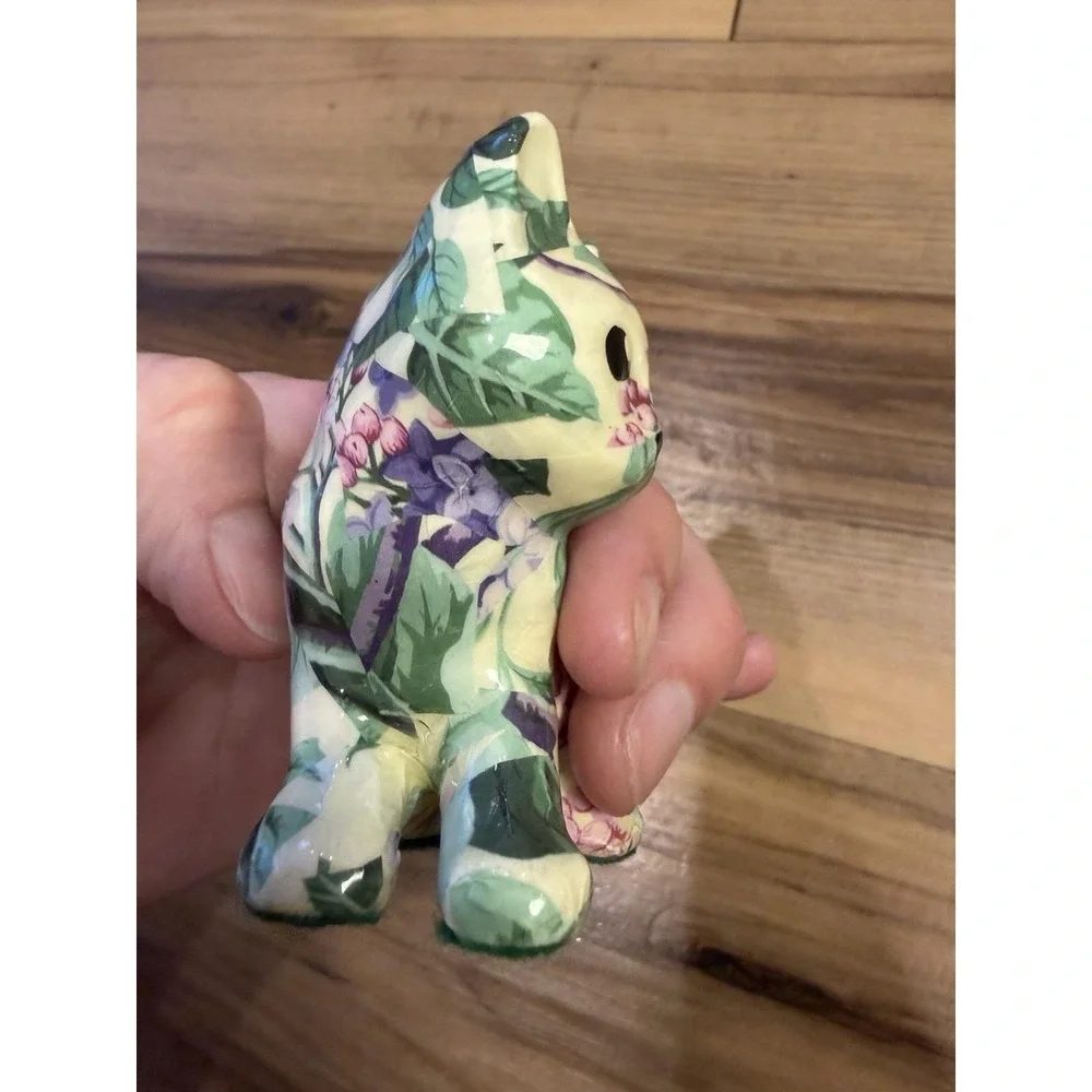 Handmade Floral Decoupage‎ Cat Figurine Made in Canada Ceramic Cottagecore Decor